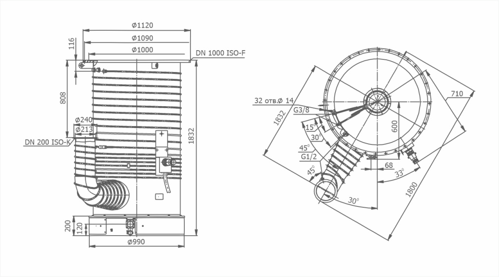 Dimensional drawing OIL DIFFUSION PUMP WITH EJECTOR STAGE VDP JET-1000