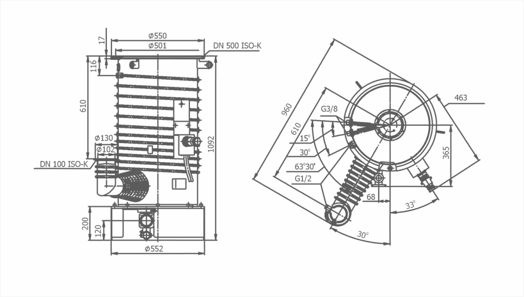 Dimensional drawing OIL DIFFUSION PUMP WITH EJECTOR STAGE VDP JET-500
