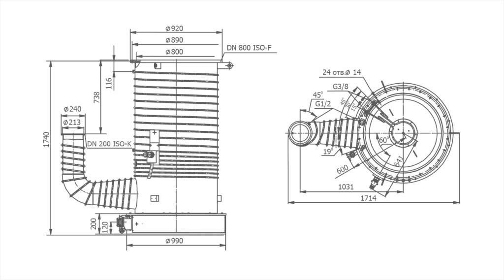Dimensional drawing OIL DIFFUSION PUMP WITH EJECTOR STAGE VDP JET-800
