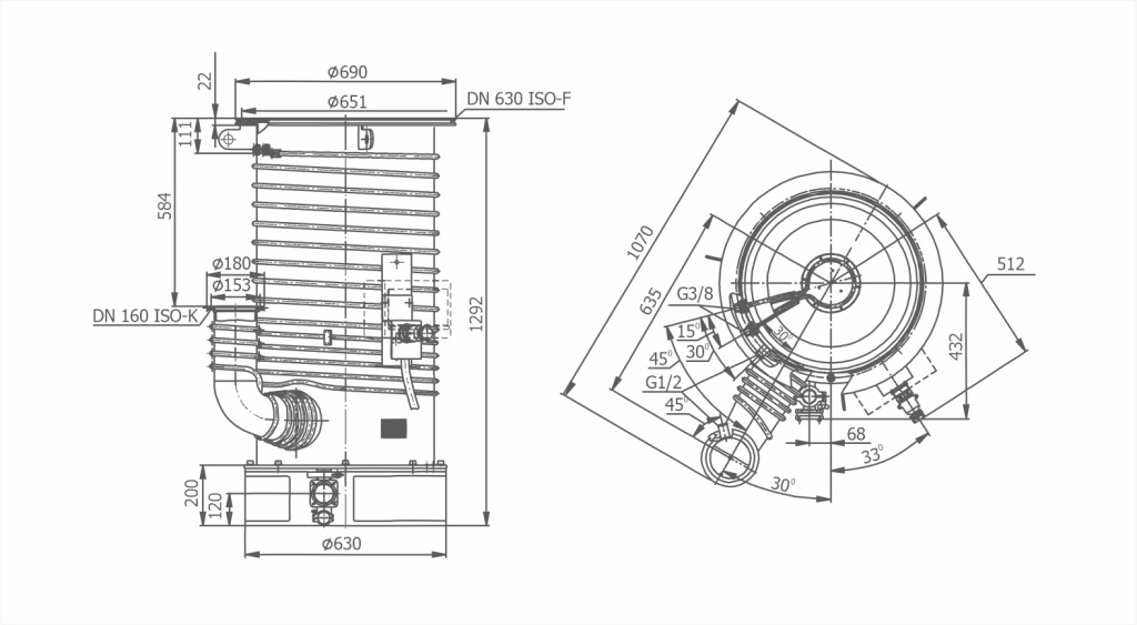 Dimensional drawing OIL DIFFUSION PUMP WITH EJECTOR STAGE VDP JET-630