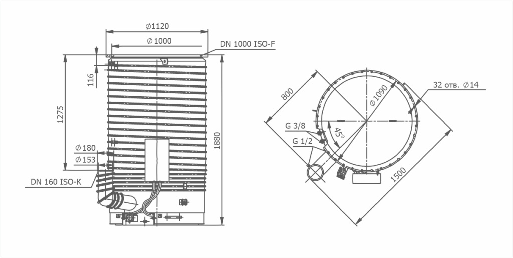 Dimensional drawing OIL DIFFUSION PUMP VDP-1000