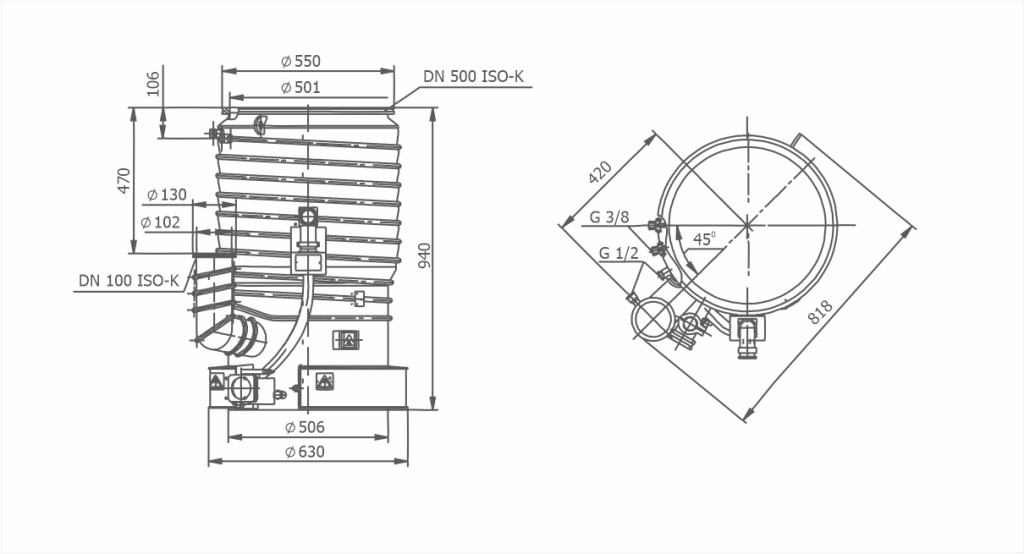 Dimensional drawing OIL DIFFUSION PUMP VDP-500